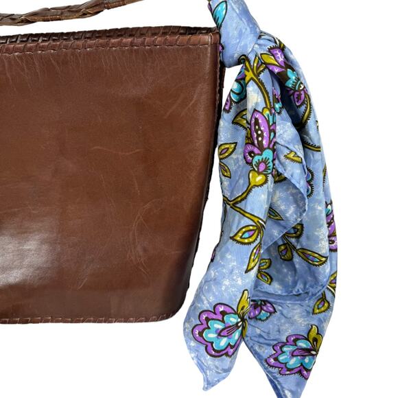 Vintage Brown Leather Shoulder Bag Woven Strap Floral Scarf Boho Classic Casual - Picture 3 of 10